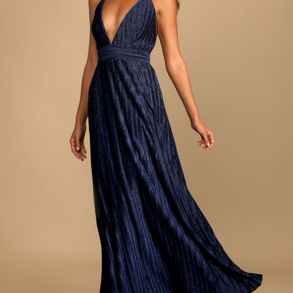 Lulus Navy Metallic Sparkle Maxi Deep V Open Back Dress Gown Pleated Sz XS